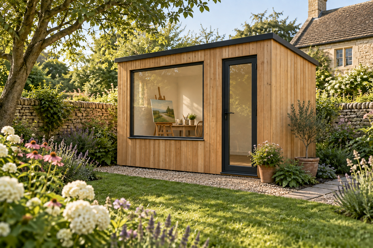 AI concept of a compact timber studio with one front window on the left, an anthracite door on the right and gravel around the base